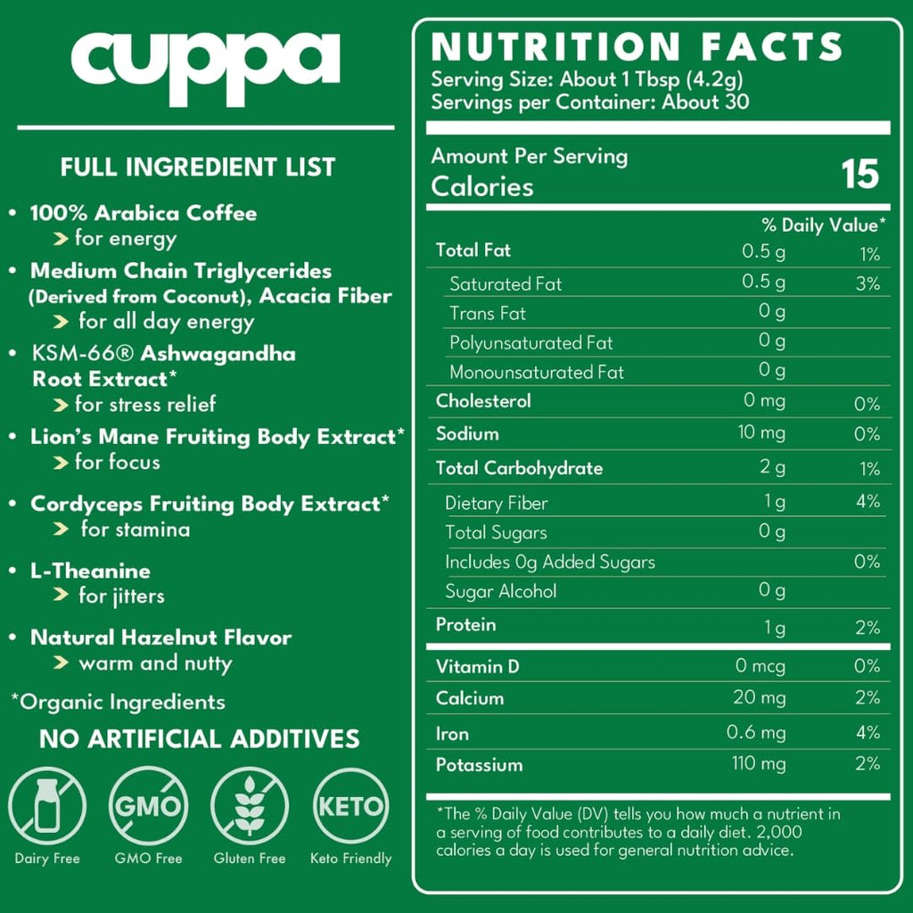 Cuppa Medium Roast Mushroom Coffee with Adaptogens & Superfoods - Lion’s Mane, Ashwagandha & Cordyceps. Adaptogens + MCT to support natural energy, mental focus & gut health (30 Servings)