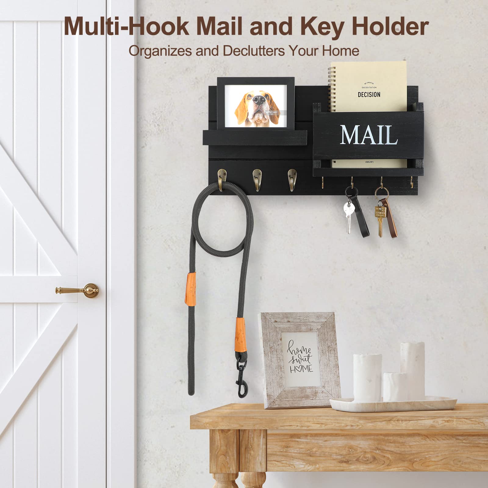 Mail Organizer for Wall Mount – Key Holder with Shelf Includes Letter Holder and Hooks for Hallway Farmhouse Decor – Rustic Wood with Flush Mounting Hardware (16.5” x 9.1” x 3.4”) (White)