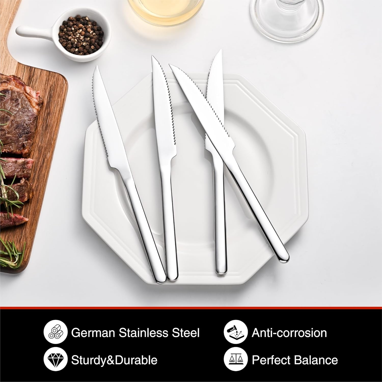 KINGSTONE Sharp Steak Knives, German Stainless Steel Steak Knife Set of 4 with Full-Serrated Blade, 9.4-Inch Sleek Design Table Knives, Mirror Polished