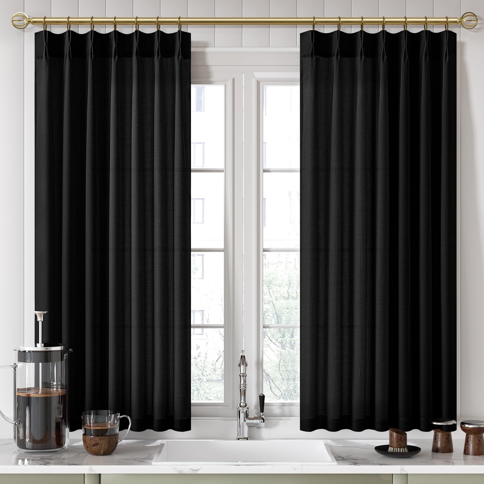 Pinch Pleated Linen Curtains 96 Inches Extra Long Olive Green Drapes, Thick Linen Light Filtering Memory Trained Pleat Curtain for Living Room and Bedroom Privacy 2 Panels Texture with Back Tab