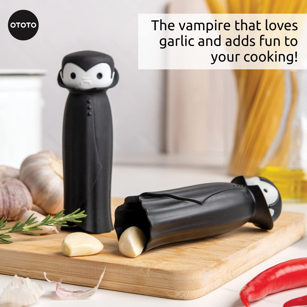 OTOTO Gracula Garlic Crusher, Garlic Mincer, Also for Ginger, Nuts, Chili, Herbs - Twist Top Mincer & Easy Squeeze Manual Press Peeler, Goth Gifts
