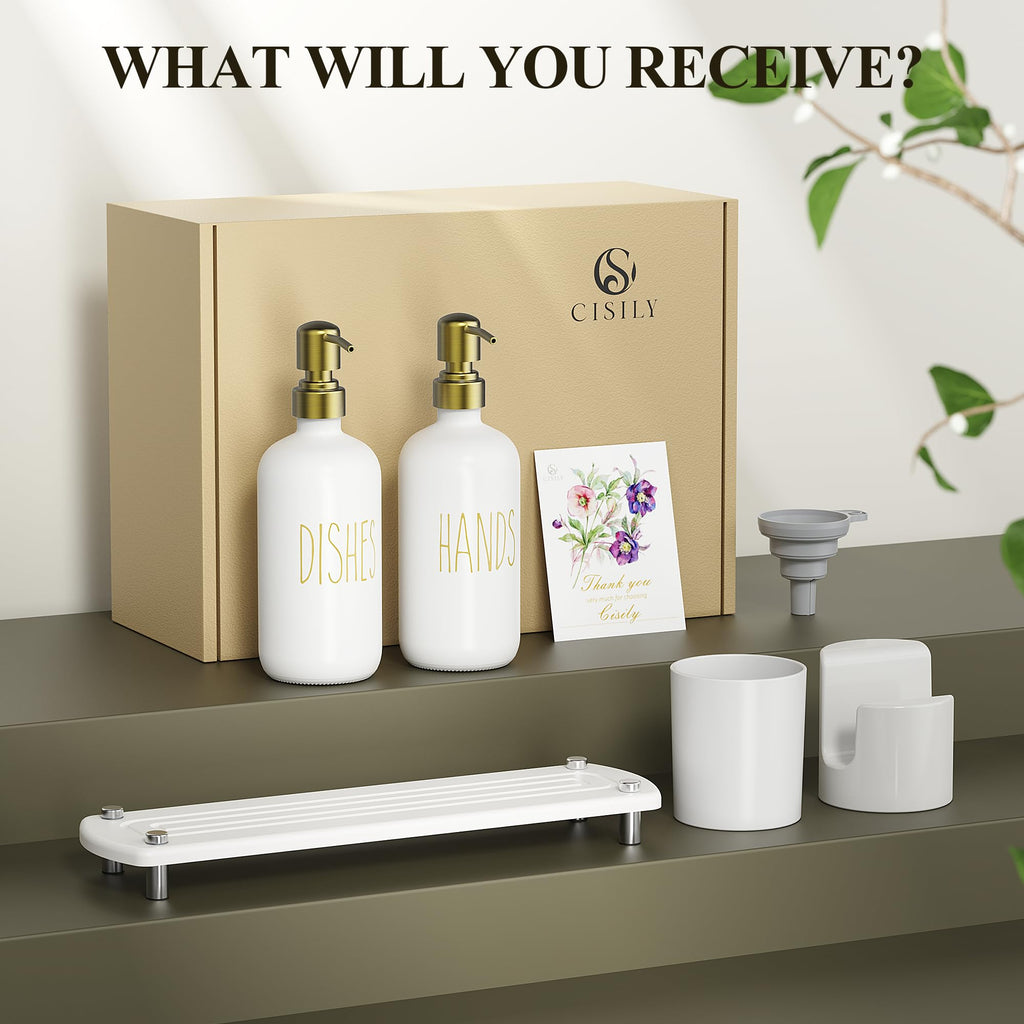 Cisily Kitchen Soap Dispenser Set Comes with Ceramics Sponge Holder, Gold Pumps, and Instant Dry Tray, Hand and Dish Soap Dispenser Set (4, Gold + White + Sponge Holder)