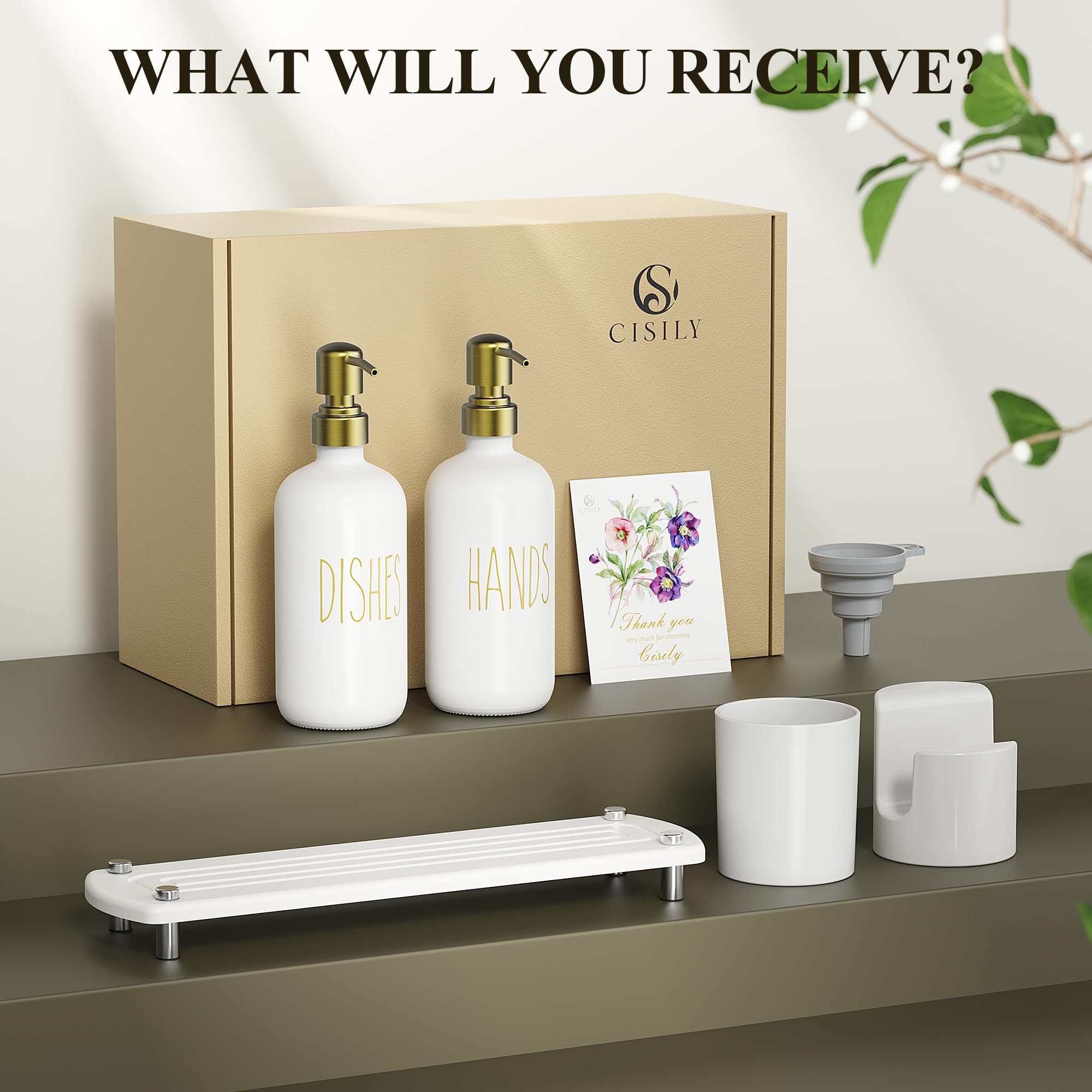 Cisily Kitchen Soap Dispenser Set Comes with Ceramics Sponge Holder, Gold Pumps, and Instant Dry Tray, Hand and Dish Soap Dispenser Set (4, Gold + White + Sponge Holder)