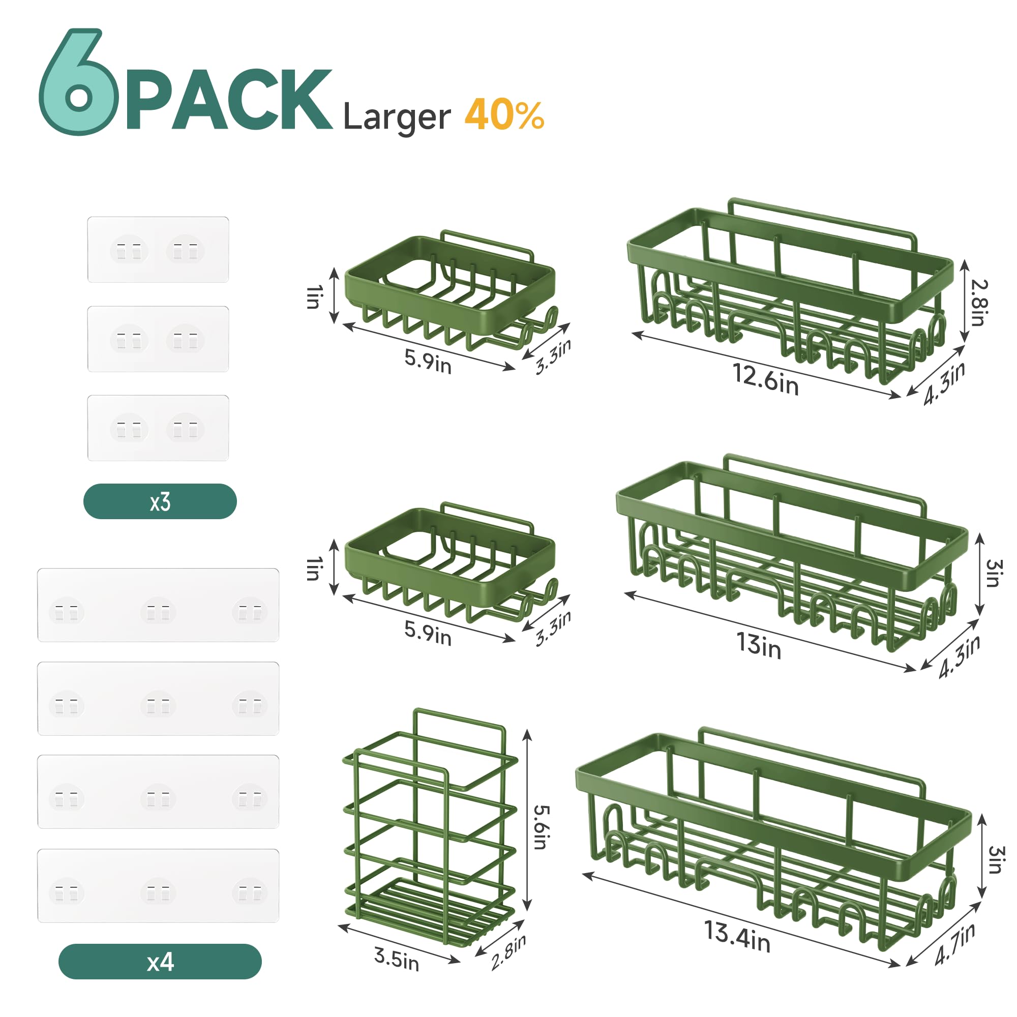 Veken Shower Caddy 6-Pack, Advanced Rustproof Design, No Drilling Adhesive Shelves, Rack with Soap Holder, Large Capacity Bathroom Organizers and Storage, Wall-Mounted Kitchen & Home Decor