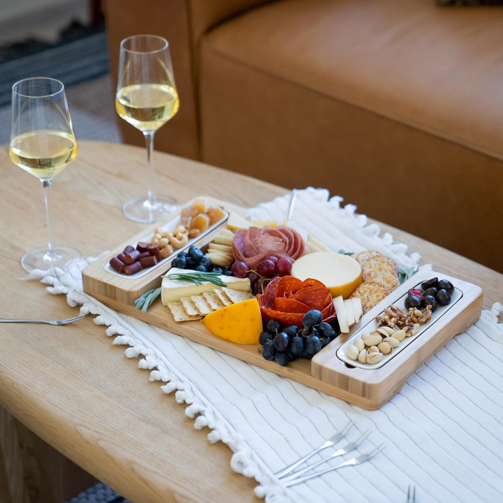 SMIRLY Charcuterie Board Set: Bamboo Rectangular Rustic Brown Cheese Board with Charcuterie Accessories & Round Fruit Tray - Perfect for Entertaining, Gifting, and Serving