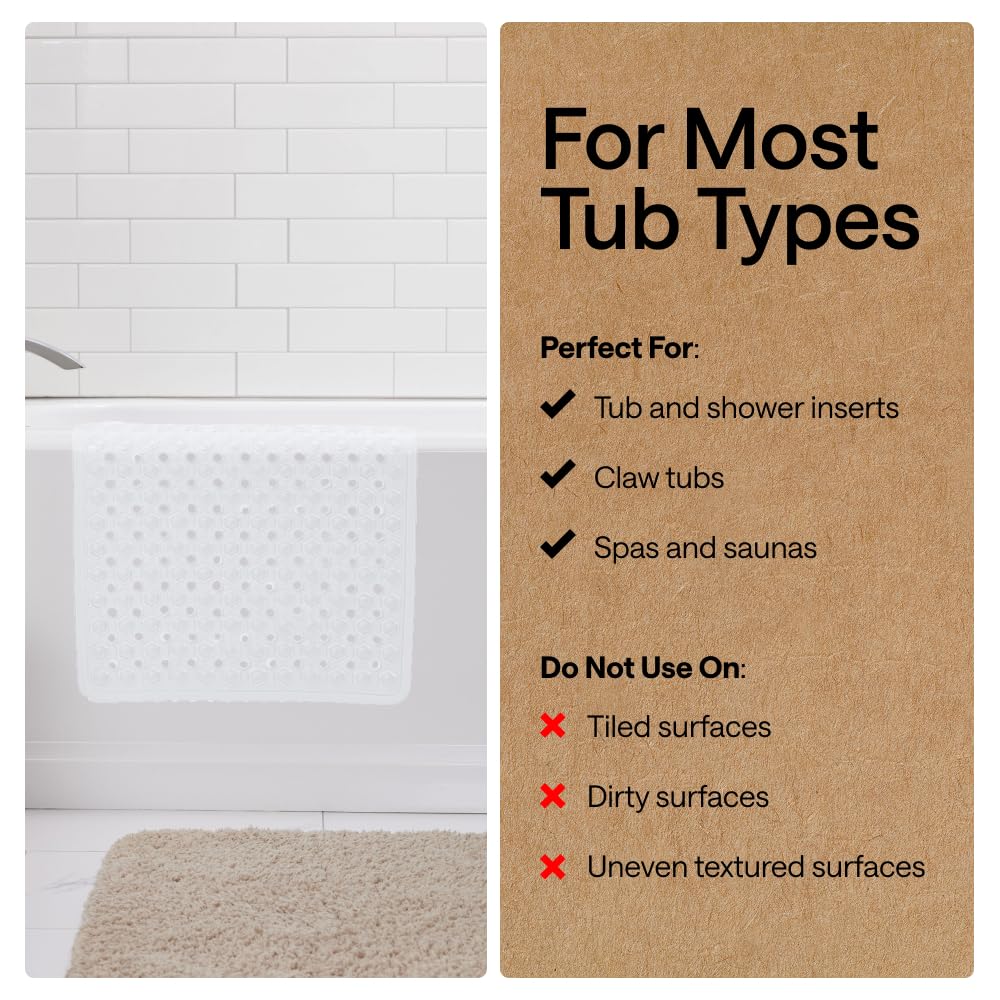 GORILLA GRIP Patented Bath Tub Shower Mat, Machine Washable Bathtub Floor Liner Mats, Suction Cups and Drain Holes to Keep Tubs Clean, Soft on Feet, Bathroom Essentials, 35x16 Inch, Clear