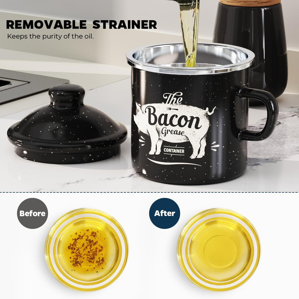 PGYARD Mini Bacon Grease Container With Strainer - 15OZ Enamel Grease Saver, Farmhouse Bacon Grease Keeper For Kitchen Fat Storage, Dishwasher Safe-Red