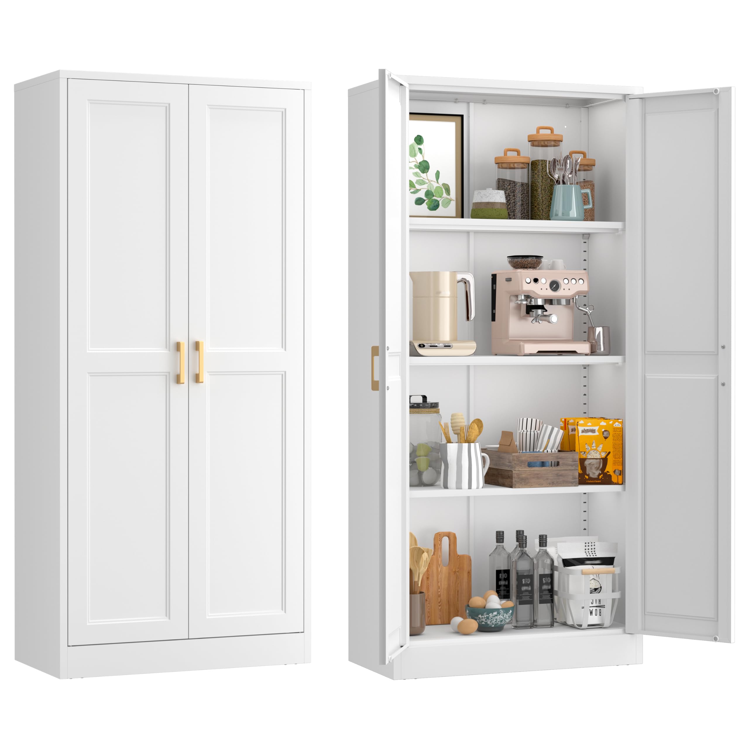 75" Tall Metal Kitchen Storage Cabinet,White Kitchen Pantry Storage Cabinet with Doors and 4 Adjustable Shelves,Utility Cabinet for Living Room,Garage,Dining Room and Office,Assemble Required