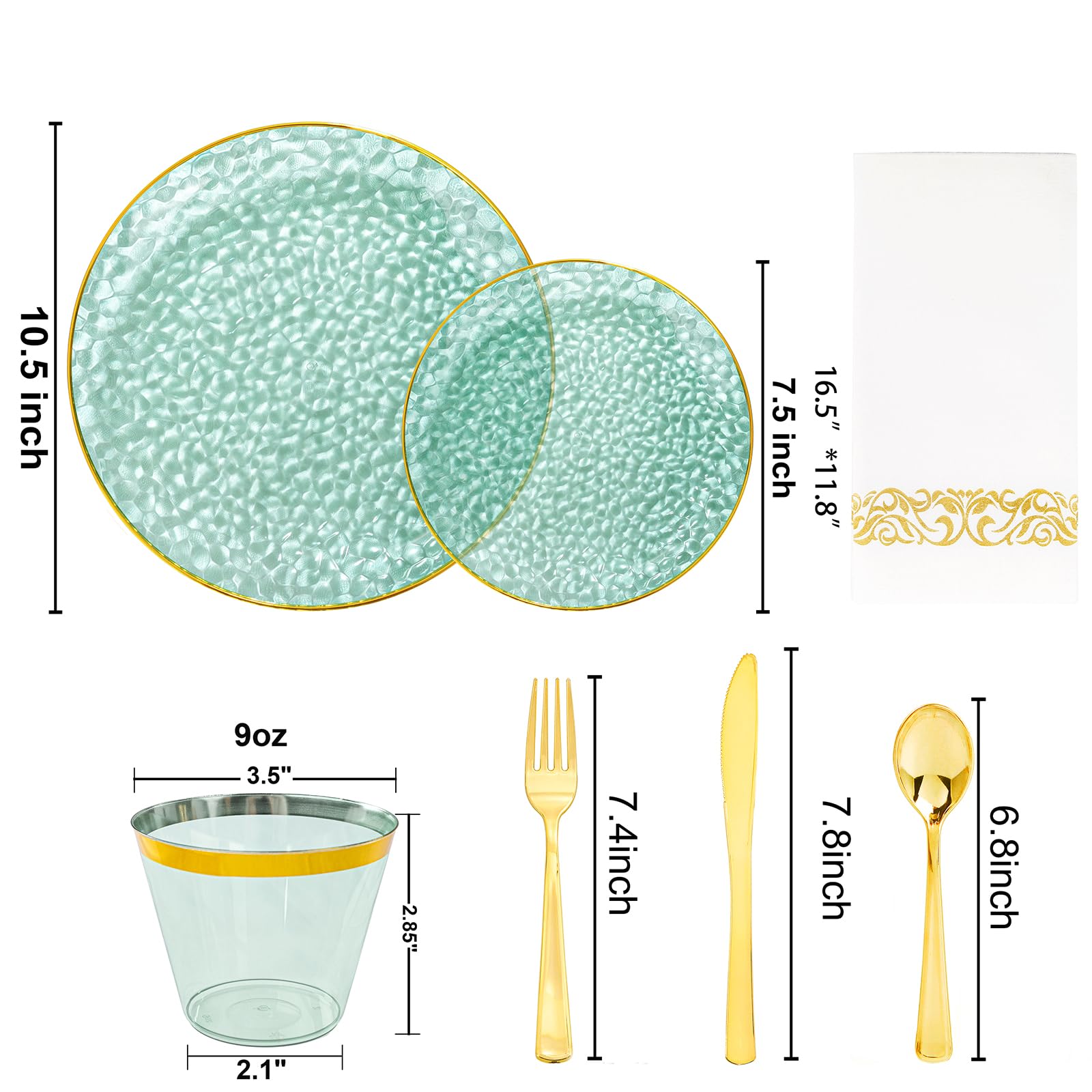 DaYammi 350PCS Clear Gold Plastic Dinnerware Set for 50 Guests, Hammered Disposable Plates for Party, Include: 50 Dinner Plates, 50 Dessert Plates, 150 Gold Silverware, 50 Napkins, 50 Cups