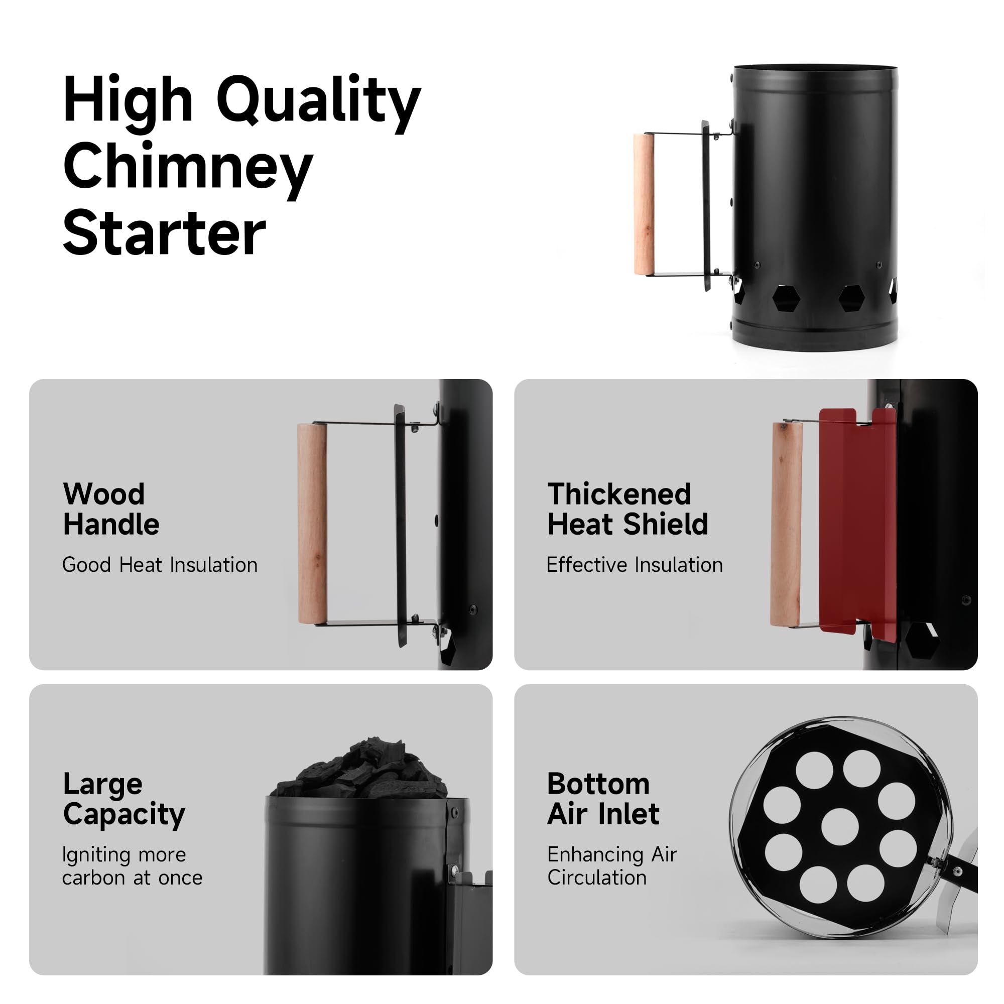 WILLBBQ Charcoal Chimney Starter Great for Fireplace, BBQ, Fire Pits, Barbecues, Chimineas, Campfires, Pizza Ovens - Zinc Steel BBQ Kit, 20 Starters, Heat Resistant Gloves Blower (Bright Black)