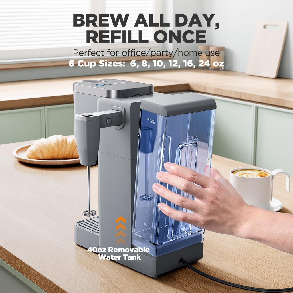 Tastyle 330MF Single Serve Coffee Maker with Built-in Detachable Milk Frother, Iced and Hot Coffee Machine for K Cup & Grounds, 40oz Removable Water Reservoir, 6 Cup Sizes, Fits 7.3" Travel Mug, Black