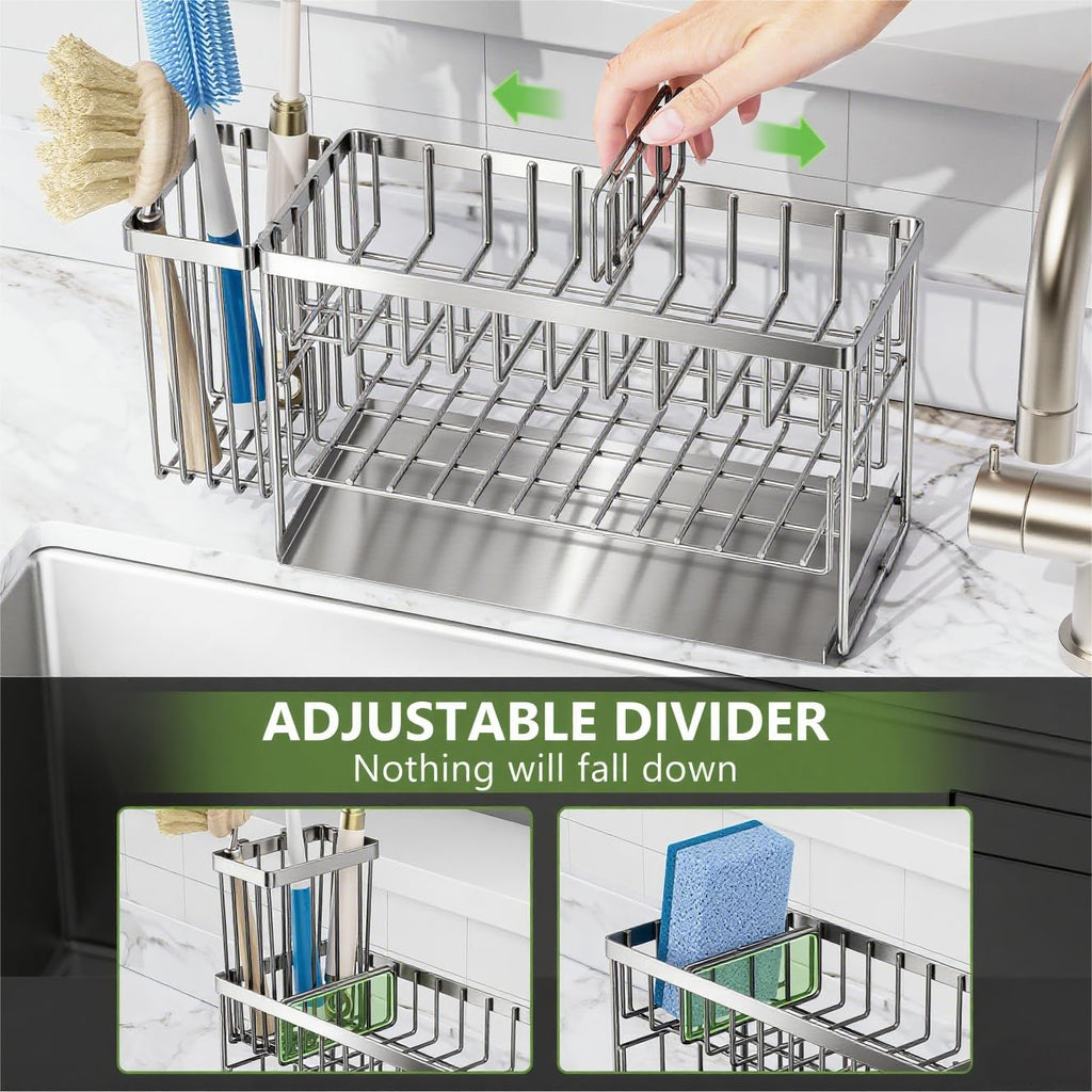 Cisily 2-Tier Kitchen Sink Caddy Organzier Rack with Flexible Dish Brush Holder, Sponge Holder for Kitchen Sink Countertop Organization Storage,Home Decor Accessories Essentials Stainless Steel