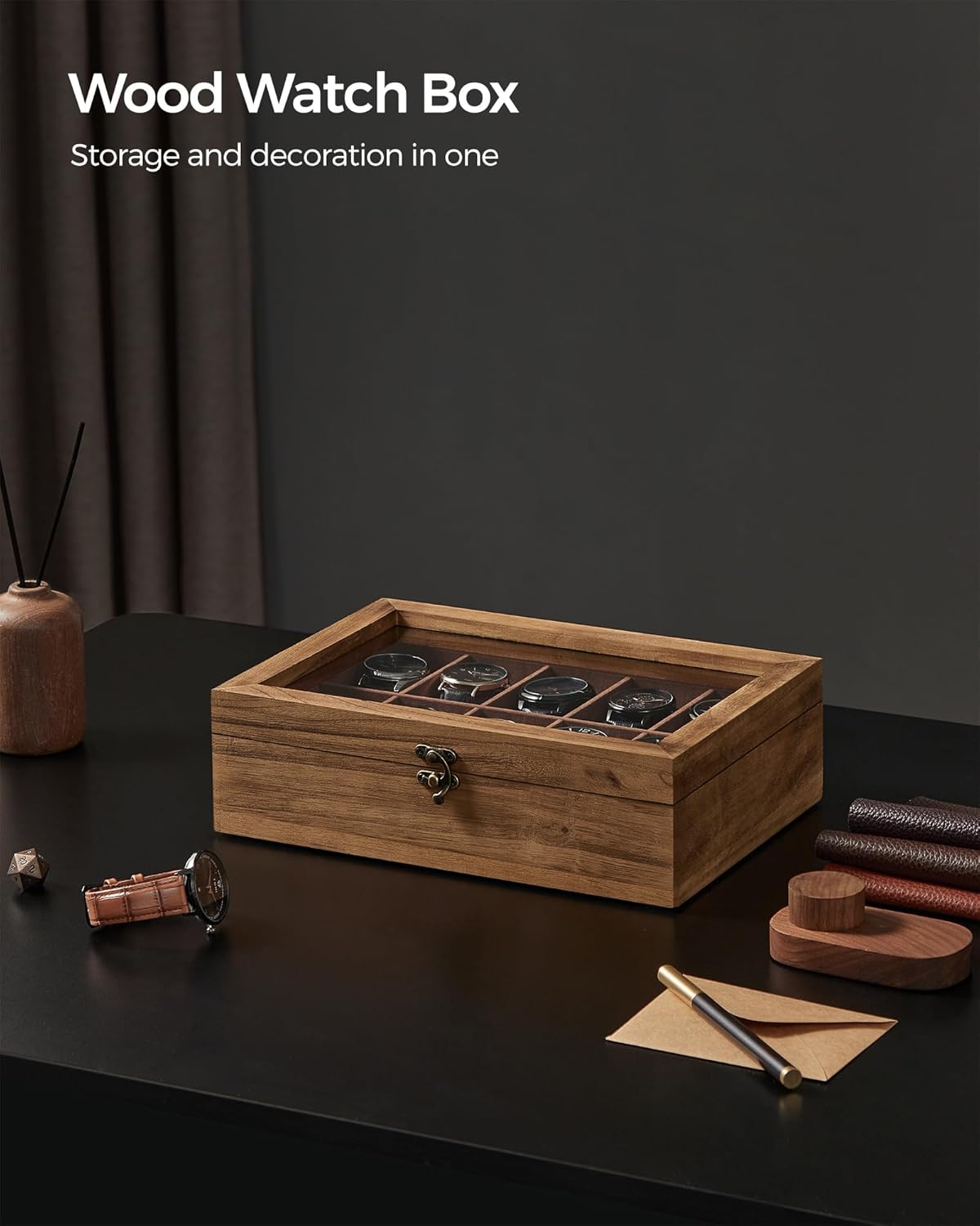 SONGMICS 10-Slot Watch Box, Watch Display Case with Large Glass Lid, Removable Watch Pillows, Velvet Lining, Gift Idea, Rustic Walnut UJOW100K01