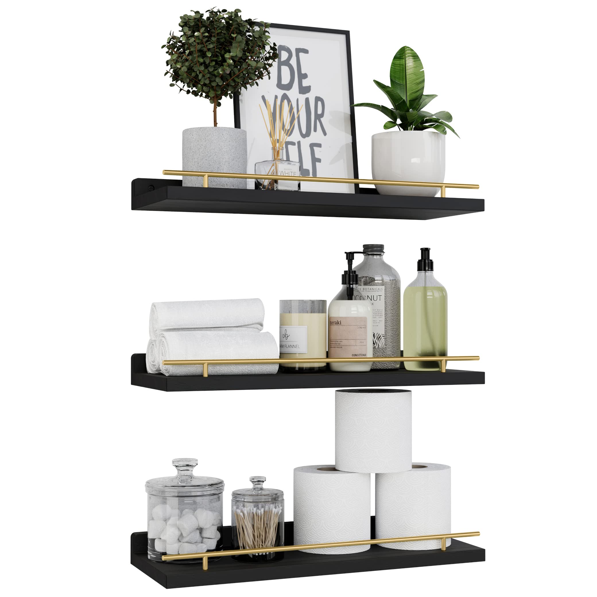 WOPITUES Floating Shelves with Black Metal Guardrail, Shelves for Wall Decor Set of 3, Wall Shelves for Bedroom, Bathroom, Kitchen, Living Room, Plants, Picture Frames, Art- Black