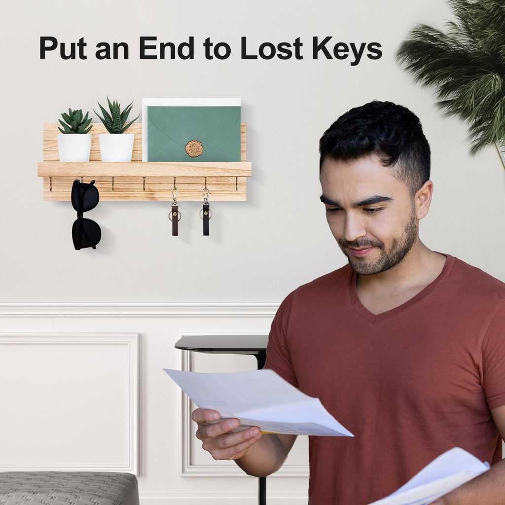 Decorative Key Holder for Wall with Shelf, Entryway Shelf with Hooks Holds Leashes, Jackets and Glasses – Sturdy Wood Keyholder Entrance Hanger with Mounting Hardware (Black, Medium)
