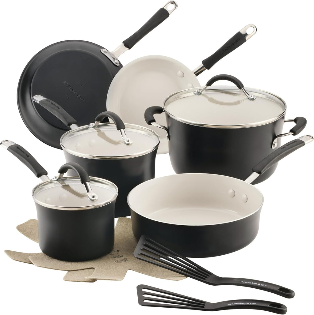 Rachael Ray - 16802 Rachael Ray Cucina Nonstick Cookware Pots and Pans Set, 12 Piece, Sea Salt Gray