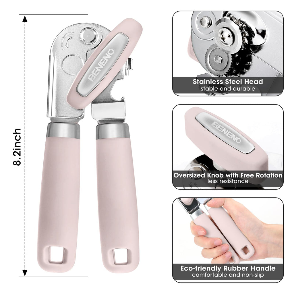 Beneno Heavy Duty Hand Can Opener Manual with Magnet, Durable Sharp Carbon Steel Blade Smooth Cutting, Big Effort-Saving Knob & Soft Grip Handle, Multifunctional Kitchen Tool with Bottle Opener, Green