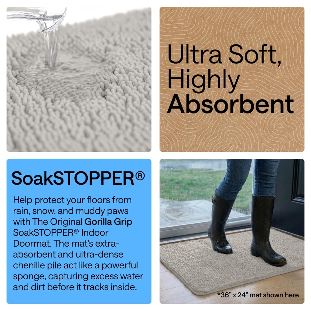 GORILLA GRIP SoakSTOPPER Dog Door Mat, Machine Washable Rug Absorbent Doormat Captures Moisture Mud Dirt, Quick Dry Soft Chenille Entryway Rugs Indoor Entrance Mats for Dog Paws, 24x17 Grey