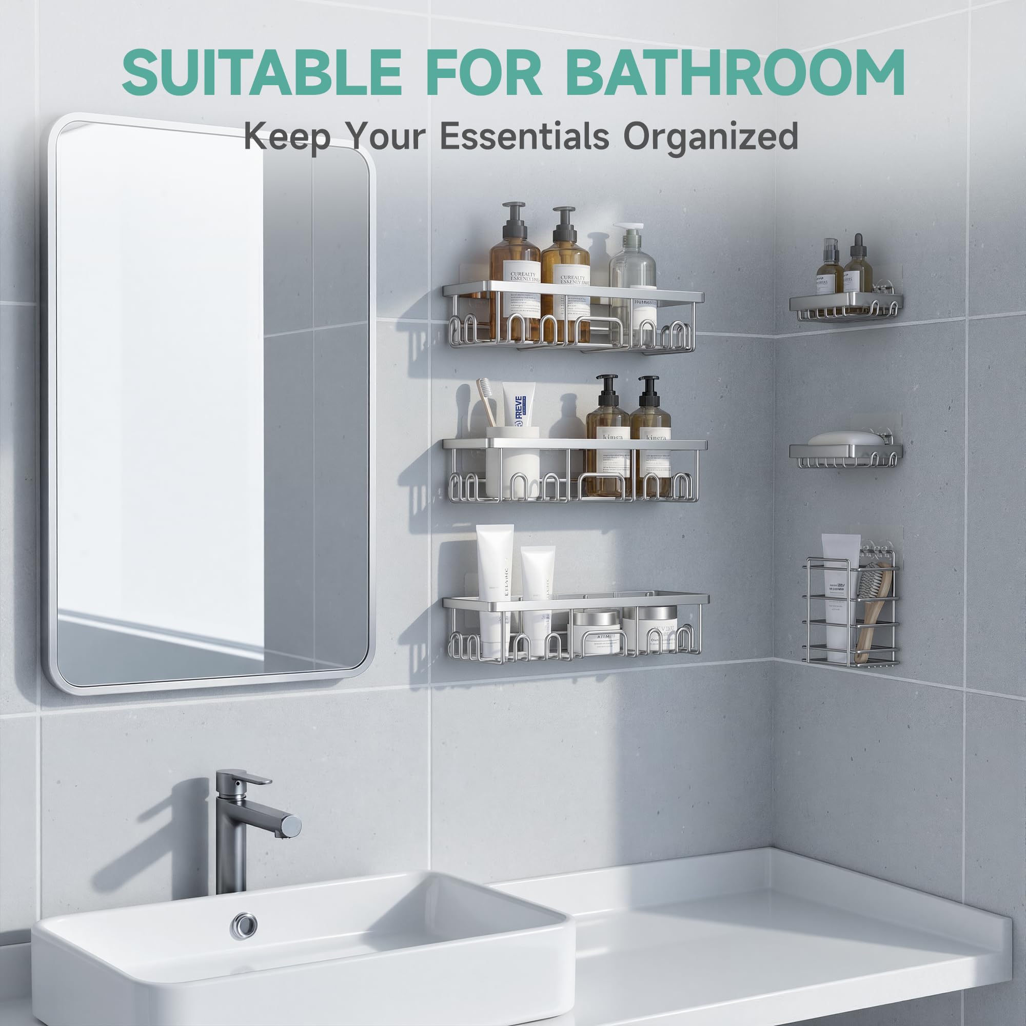 Veken Shower Caddy 6-Pack, Advanced Rustproof Design, No Drilling Adhesive Shelves, Rack with Soap Holder, Large Capacity Bathroom Organizers and Storage, Wall-Mounted Kitchen & Home Decor