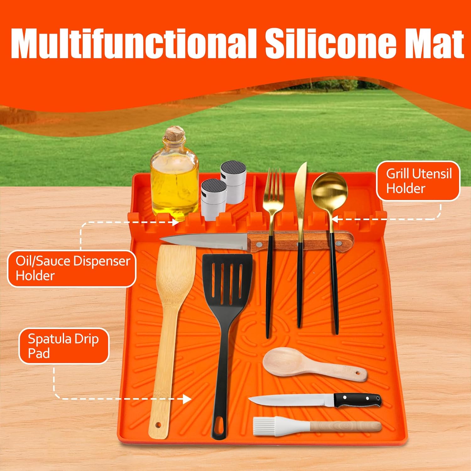 Silicone Grill Mat, Large Size Silicone Side Shelf Griddle Tools Spatula Mat with Drip Pad for Outdoor Grill Kitchen Countertop, Reusable Black-stone Griddle Accessories, Orange