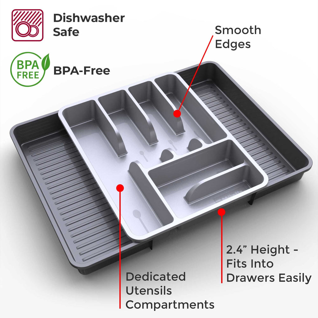 Mueller Large Flatware Kitchen Drawer Organizer, Expandable 19.7" x 15" Silverware Organizer, 6 Compartments, Heavy-Duty, Cutlery Tray for Utensils or Stuff, Dining Room, Living Room, Grey