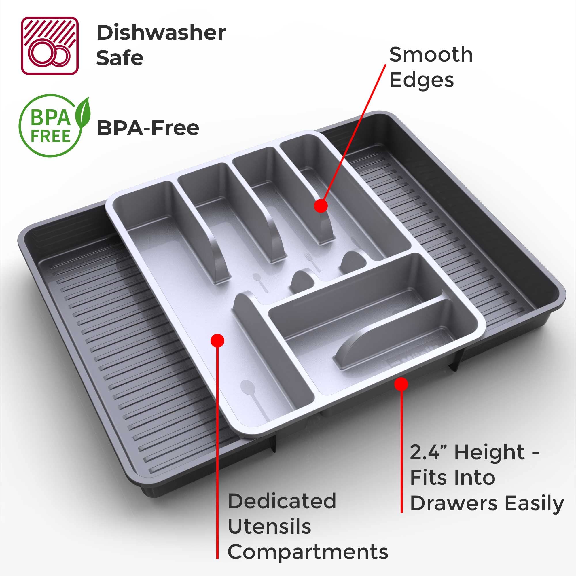 Mueller Large Flatware Kitchen Drawer Organizer, Expandable 19.7" x 15" Silverware Organizer, 6 Compartments, Heavy-Duty, Cutlery Tray for Utensils or Stuff, Dining Room, Living Room, Grey