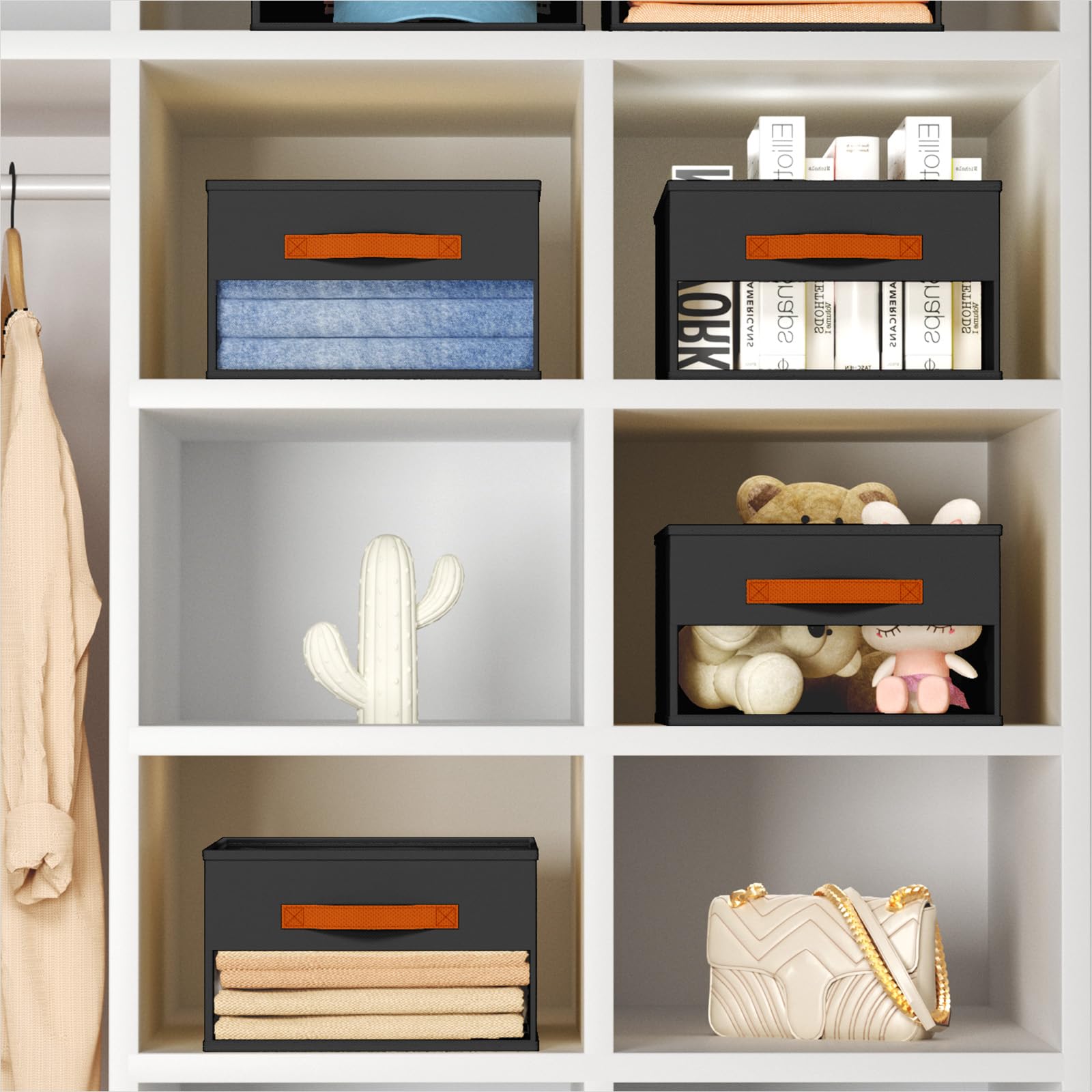 Homsorout Clothes Organizers and Storage - 4/5/7 Grids Fabric Jeans Organizer with Handles, Foldable Closet Organizers Dividers, Wardrobe organizer for Pant, Sweater, T-shirt, Scarf, 6 Pack, Beige