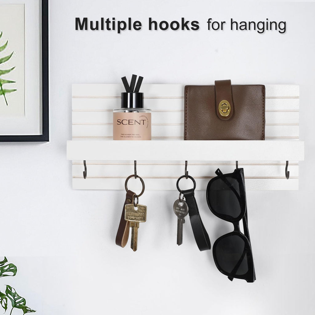Decorative Key Holder for Wall with Shelf, Entryway Shelf with Hooks Holds Leashes, Jackets and Glasses – Sturdy Wood Keyholder Entrance Hanger with Mounting Hardware (Black, Medium)
