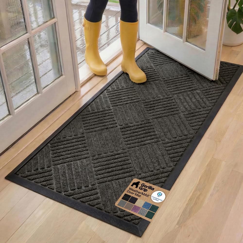 GORILLA GRIP 100% Waterproof All-Season WeatherMAX Doormat US Designed Natural Rubber, Stain Fade Resistant, Low Profile Indoor Outdoor Front Door Mats Outside Entrance, Easy Clean 29x17 Gray Diamond