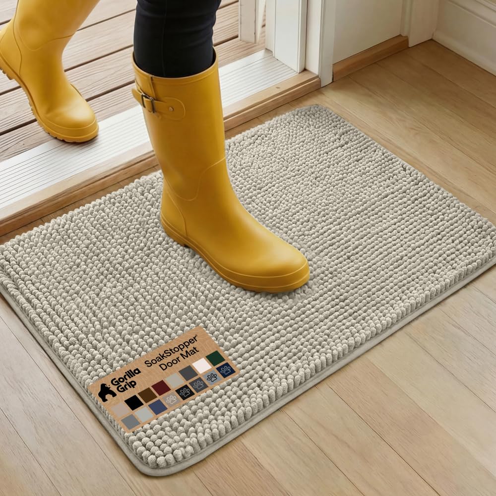 GORILLA GRIP SoakSTOPPER Dog Door Mat, Machine Washable Rug Absorbent Doormat Captures Moisture Mud Dirt, Quick Dry Soft Chenille Entryway Rugs Indoor Entrance Mats for Dog Paws, 24x17 Grey