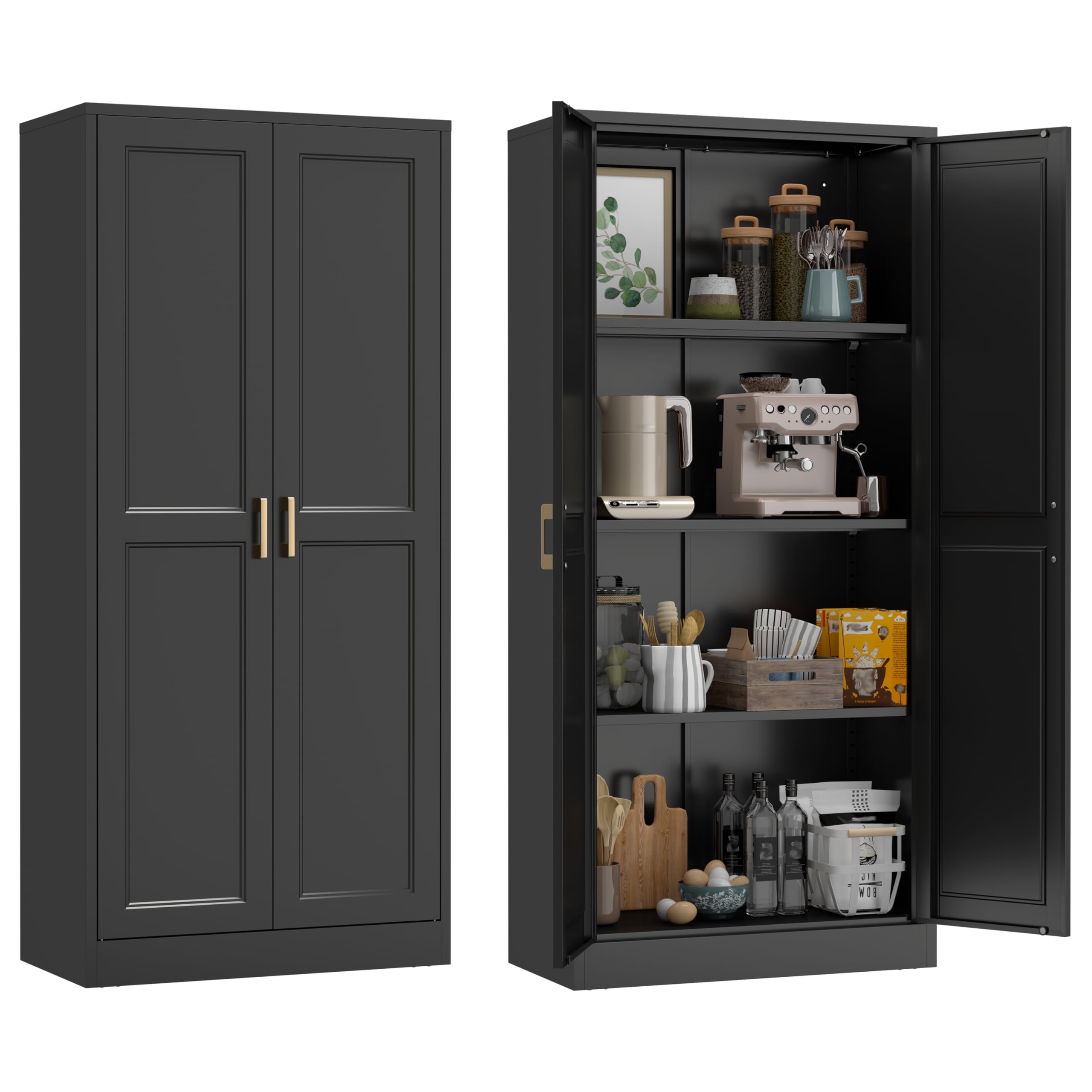 75" Tall Metal Kitchen Storage Cabinet,White Kitchen Pantry Storage Cabinet with Doors and 4 Adjustable Shelves,Utility Cabinet for Living Room,Garage,Dining Room and Office,Assemble Required