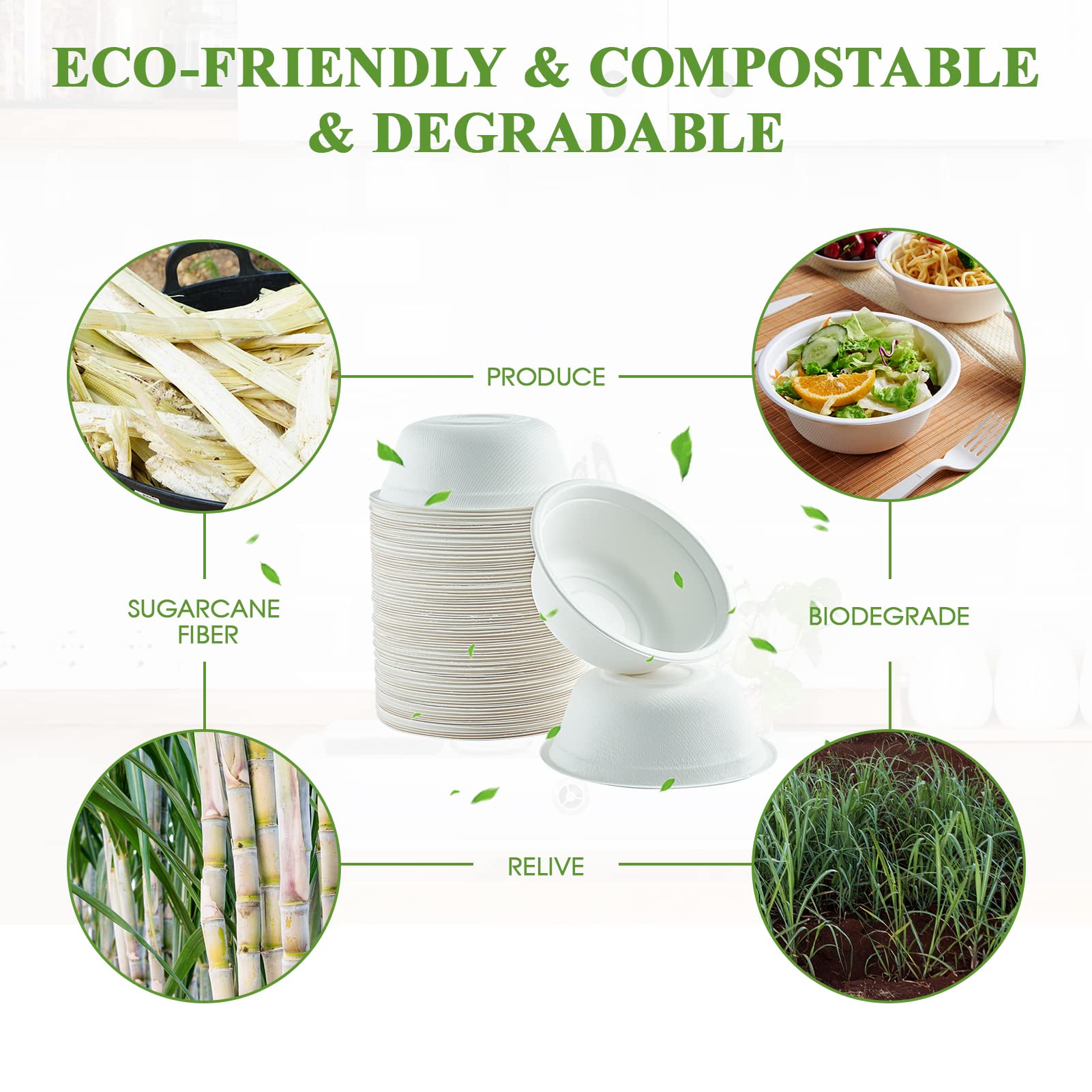 Vplus 200 Pack 12 OZ Paper Bowls, Disposable Compostable Bowls Bulk, Eco-friendly Bagasse Bowls, Heavy-duty Bowls Perfect for Milk Cereals, Snacks, Salads