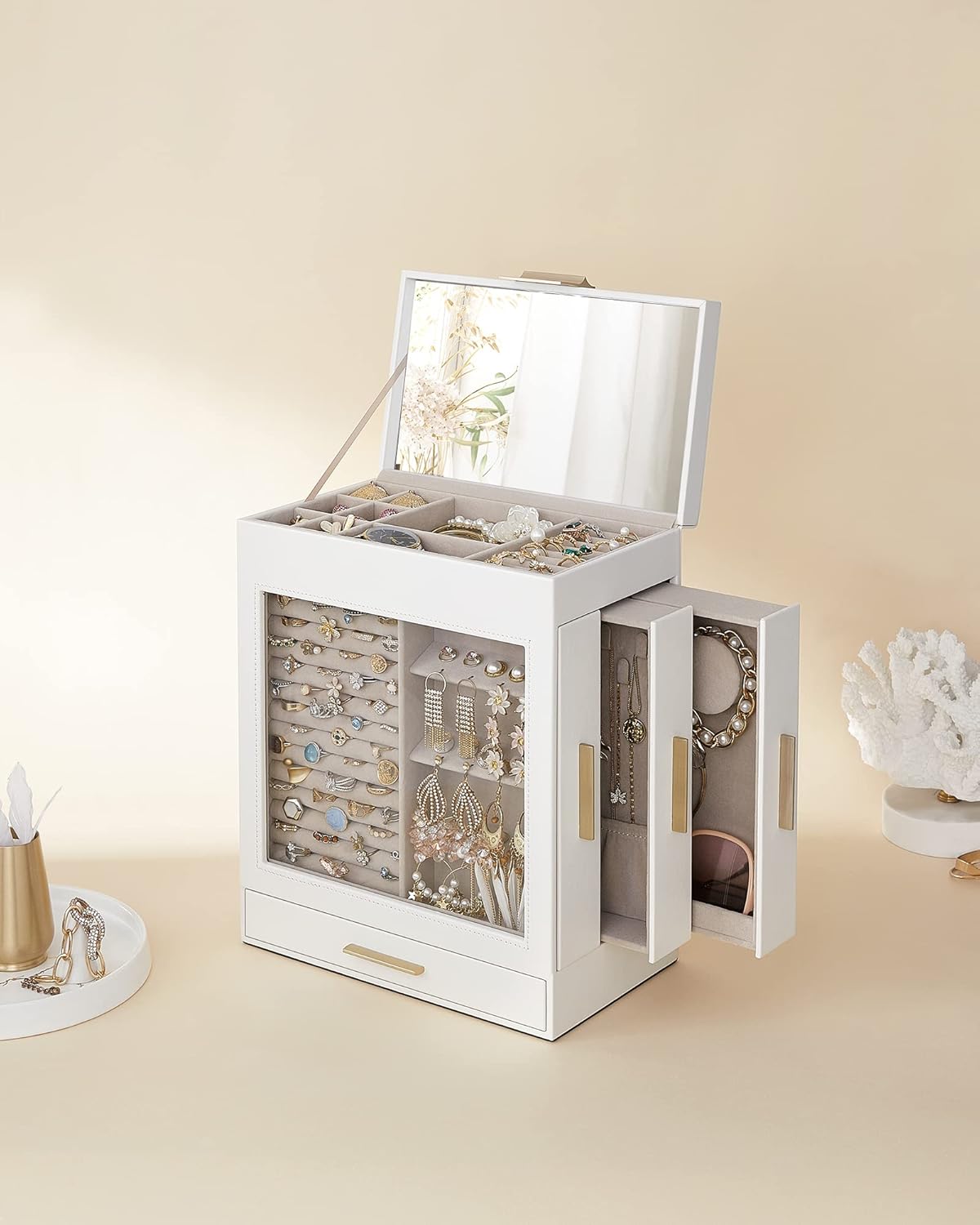 SONGMICS Jewelry Box with Glass Window, 5-Layer Jewelry Organizer with 3 Side Drawers, Jewelry Storage, with Big Mirror, Modern, 6.1 x 10.3 x 12.6 Inches, Cloud White and Metallic Gold UJBC162W01