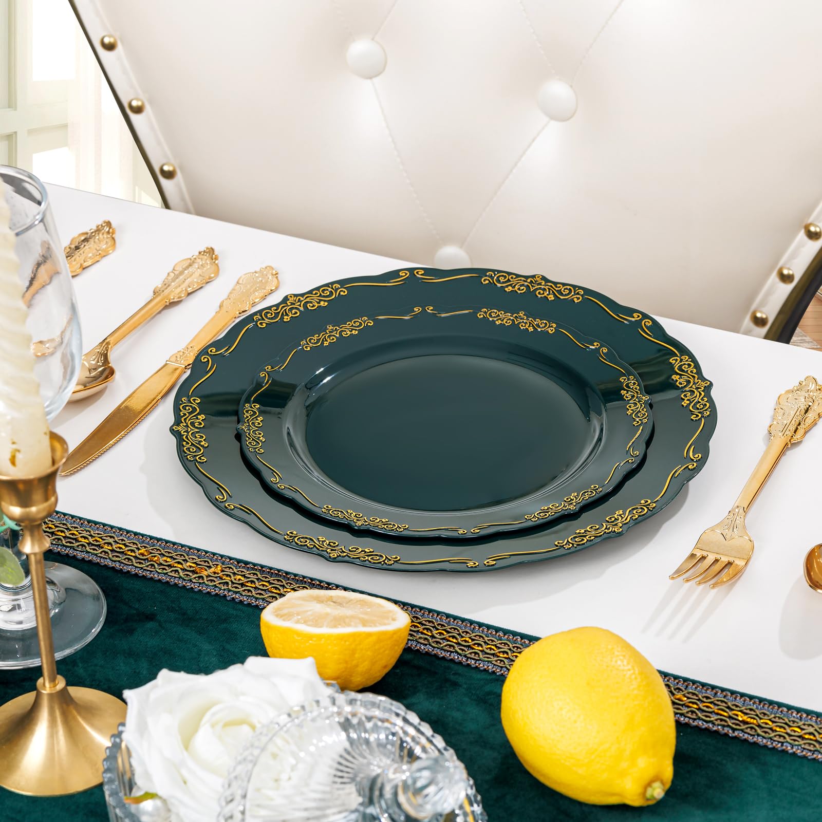DaYammi 150Pcs Ivory Plastic Plates with Gold Rim,Disposable Plastic Plates Include 30 Dinner Plate,30 Salad Plate,30 Forks,30 Spoons,30 Knives,Ivory and Gold Plates for Party,Wedding,Mother's Day