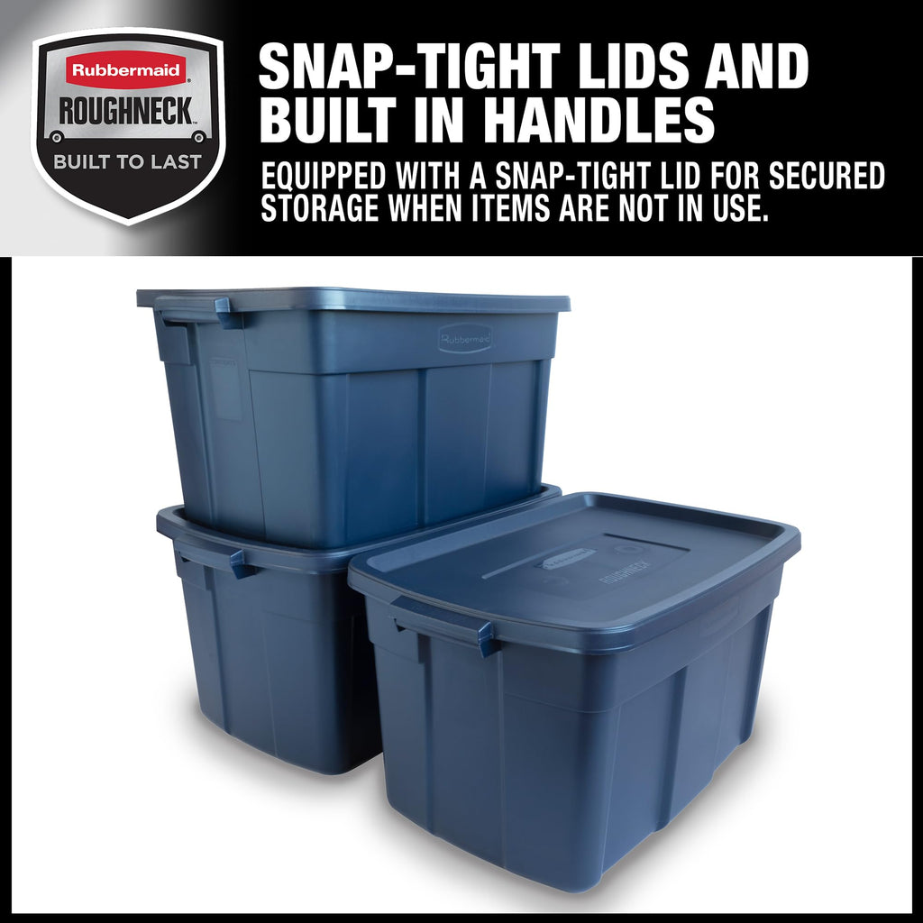 Rubbermaid Roughneck Tote 14 Gal, 6 Pack, Made in USA, Dark Indigo Metallic, Rugged Plastic Stackable Storage Bins with Lids and Handles