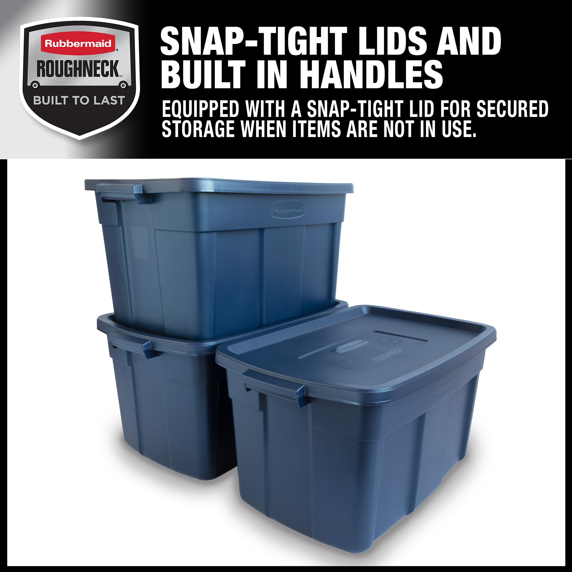 Rubbermaid Roughneck Tote 14 Gal, 6 Pack, Made in USA, Dark Indigo Metallic, Rugged Plastic Stackable Storage Bins with Lids and Handles