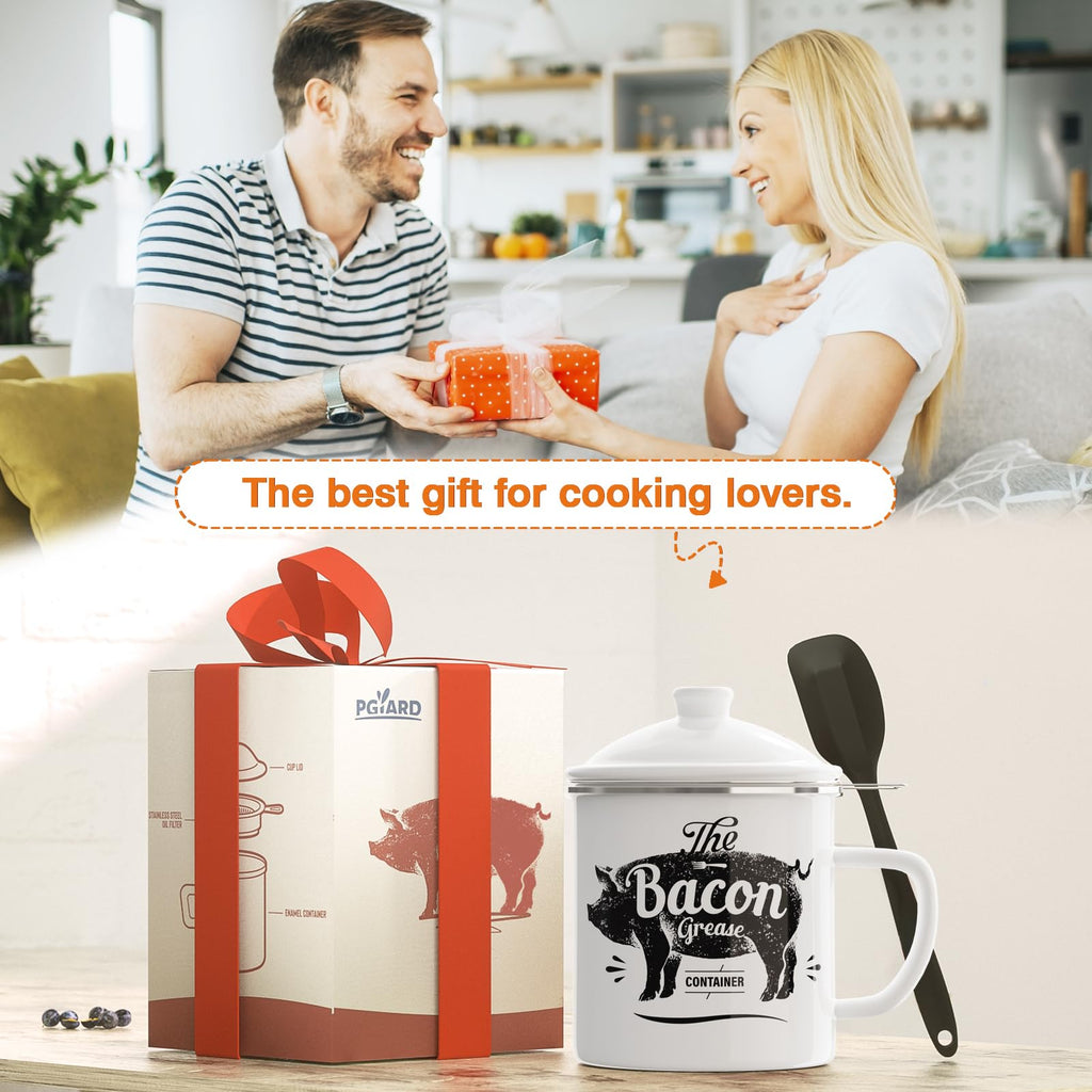 PGYARD Mini Bacon Grease Container With Strainer - 15OZ Enamel Grease Saver, Farmhouse Bacon Grease Keeper For Kitchen Fat Storage, Dishwasher Safe-Red