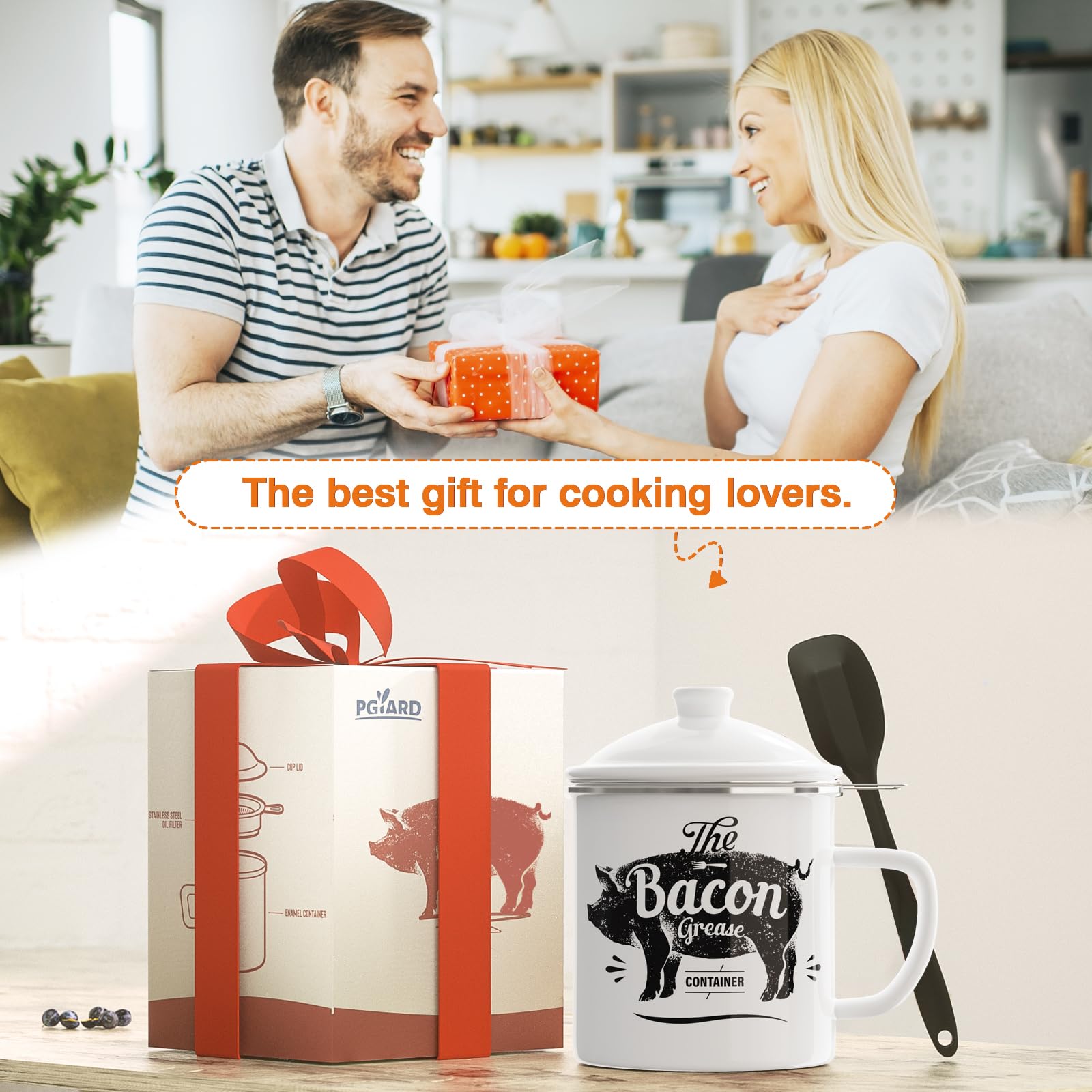 PGYARD Mini Bacon Grease Container With Strainer - 15OZ Enamel Grease Saver, Farmhouse Bacon Grease Keeper For Kitchen Fat Storage, Dishwasher Safe-Red
