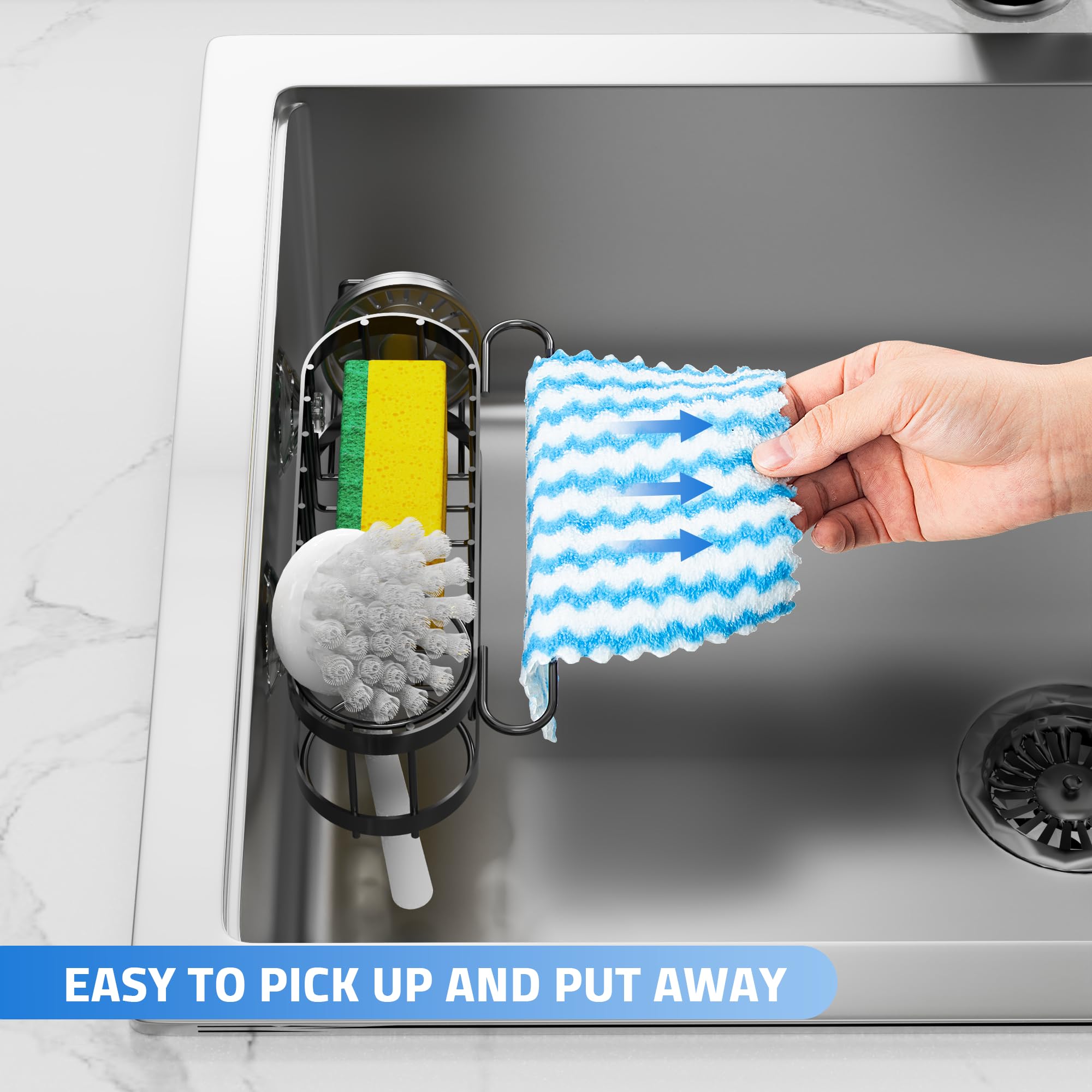 Cisily Organizador de Fregadero de Cocina con Soporte para Esponja en el Fregadero, Organizador de Fregadero de Cocina de Acero Inoxidable, Soporte para Cepillo, Percha para Paños de Platos, Soporte