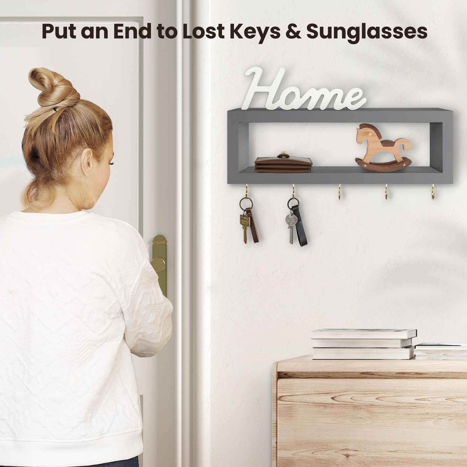 Wall Shelf with Hooks - Decorative Key and Wallet Holder for Wall Holds Sunglasses, Leashes, Scarves and Lanyards - 15.7" x 5.1" x 2.9" Entryway Organizer Made of Paulownia Wood (White)
