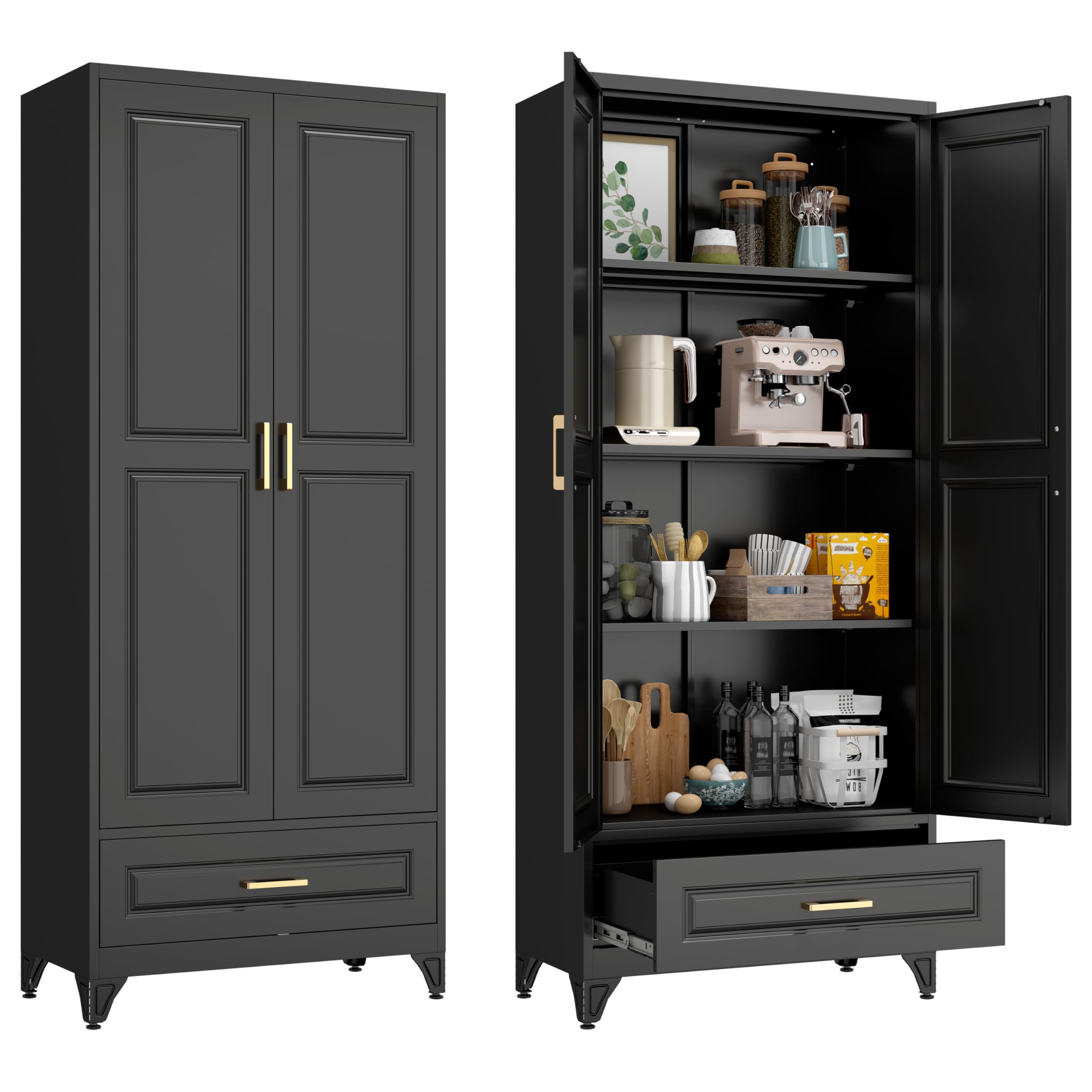 75" Tall Metal Kitchen Storage Cabinet,White Kitchen Pantry Storage Cabinet with Doors and 4 Adjustable Shelves,Utility Cabinet for Living Room,Garage,Dining Room and Office,Assemble Required