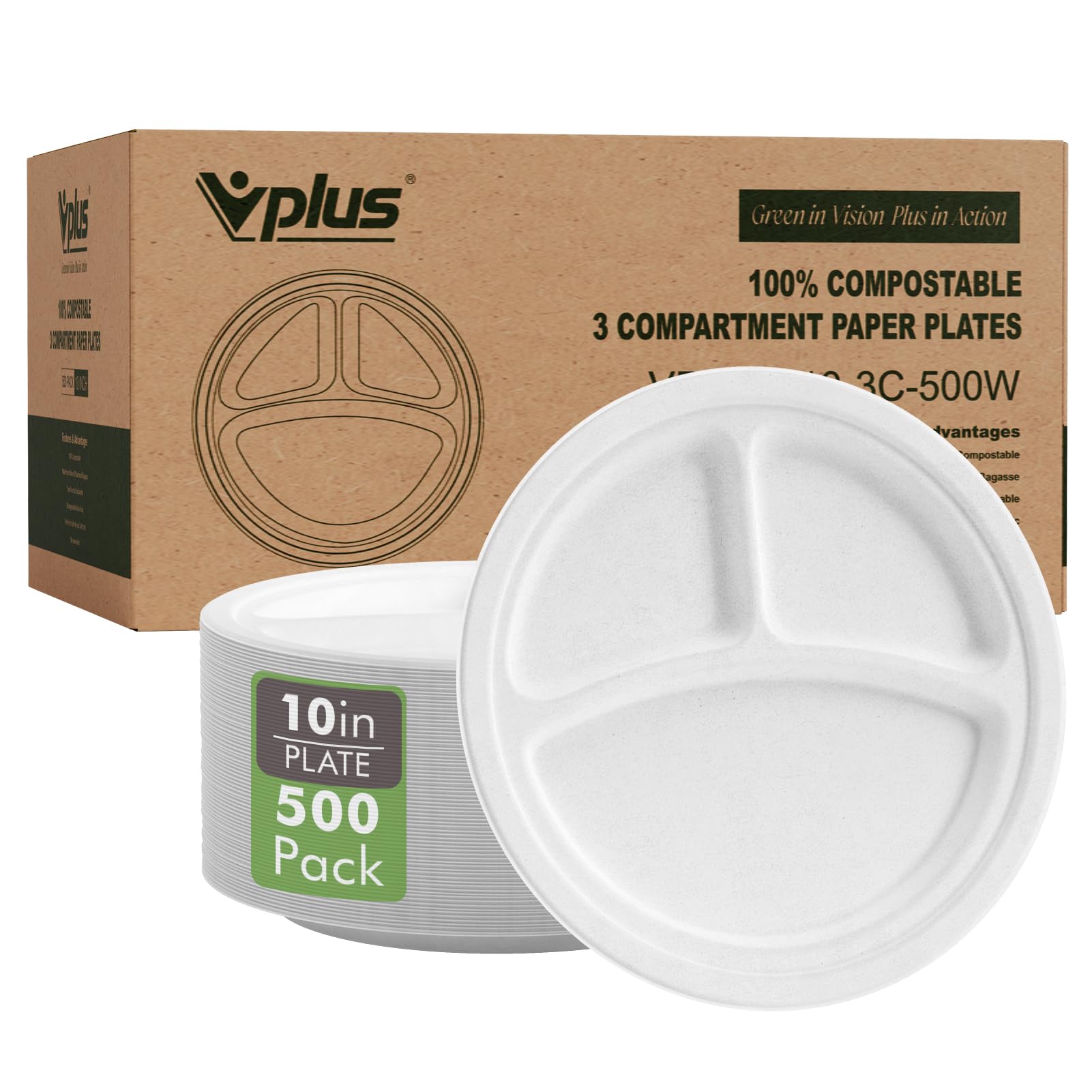 Vplus 100% Compostable Paper Plates, 500 Pack 10 Inch 3 Compartment Plates Disposable, Heavy Duty Biodegradable, Made of Sugar Cane Fibers, for Daily meals, Dinner, Parties, BBQ