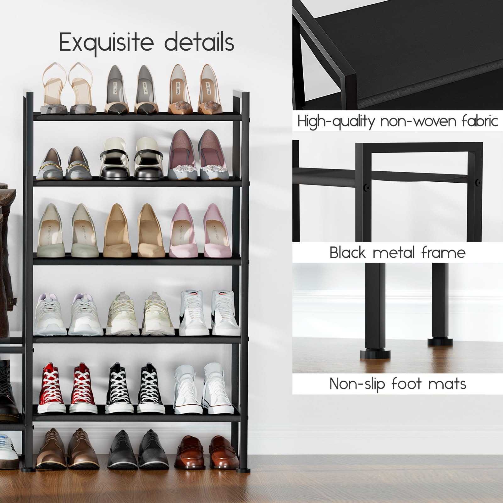 Homsorout Shoe Rack Organizer and Storage - 5 Tier Metal+Non-Woven Fabric Shoe Rack with Boot Storage & Side Any Combination - Space Saving Shoe Shelf for Entryway, Bedroom, Garage, Small Spaces