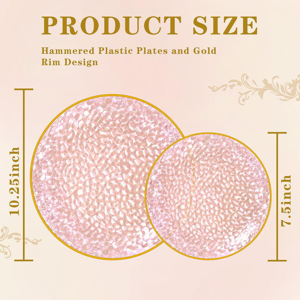 DaYammi 100 Pcs Clear Gold Plastic Plates, Hammered Party Plate, Fancy Plastic Plates Disposable Clear Disposable Dessert Platos, 7 Inch Heavy duty Plastic Dessert Platos for Party & Wedding