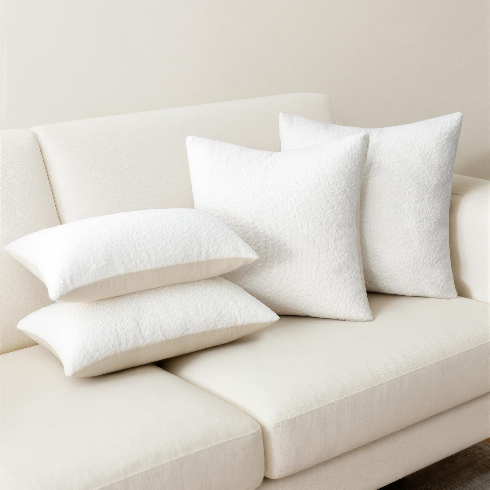 Topfinel Boucle Decorative Pillow Covers 18x18 Inches Set of 4 Neutral Cream Ivory White Pillowcase with Linen Cotton Back Chair Sofa Modern & Minimal Living Room Spring Home Decor