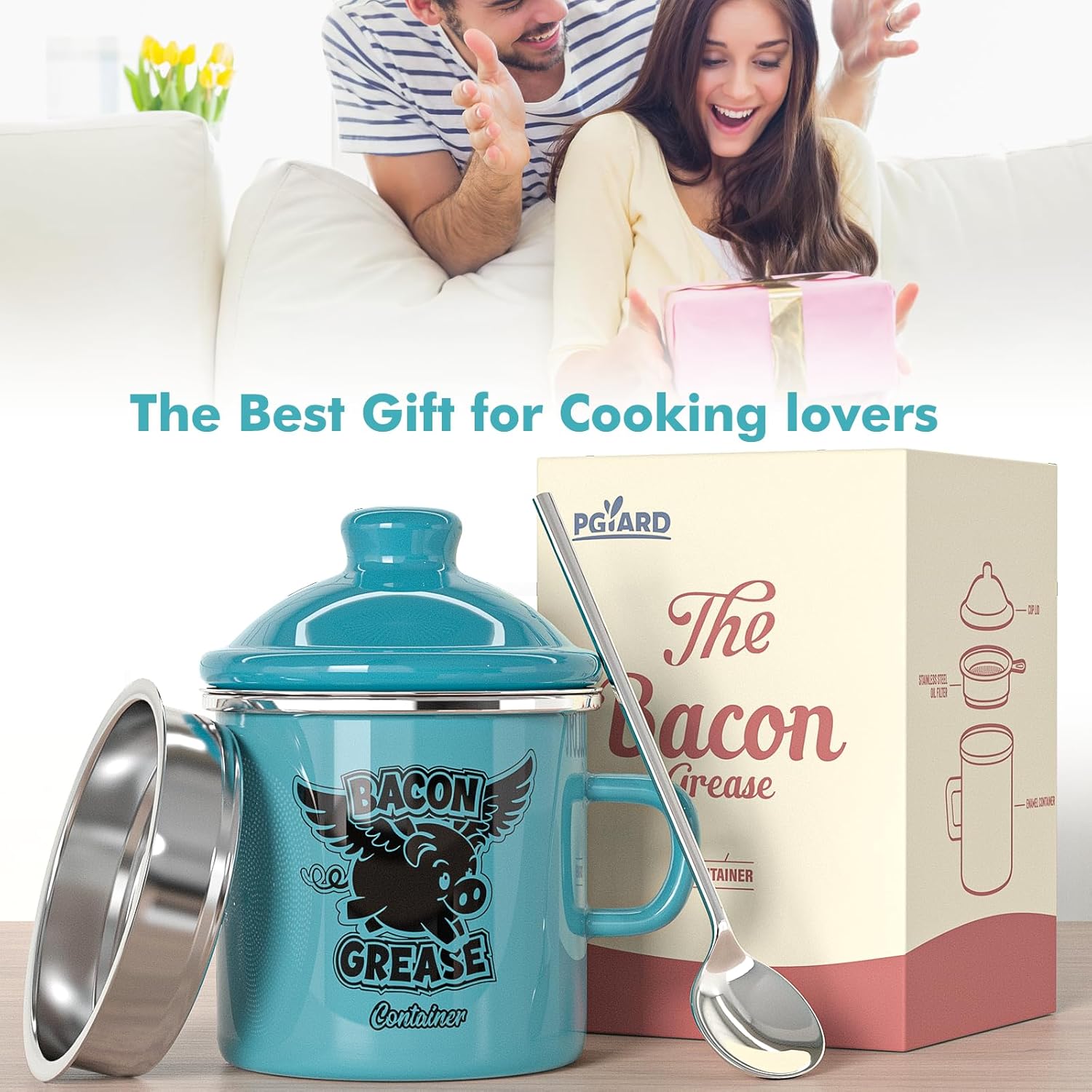PGYARD Mini Bacon Grease Container With Strainer - 15OZ Farmhouse Enamel Grease Saver, Fat Storage For Kitchen, Dishwasher Safe-Light Blue