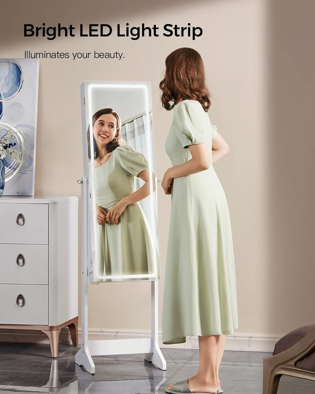 SONGMICS LED Mirror Jewelry Cabinet, Adjustable Brightness and 3 Shades of Light, Standing Jewelry Armoire with Full-Length Mirror, Jewelry Organizer with Built-in Mirror and Lights, White UJJC016W01