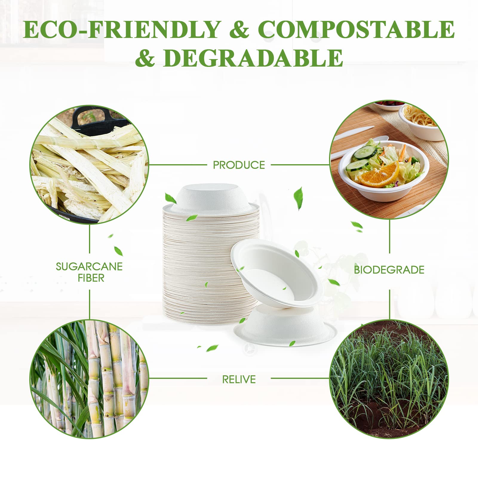 Vplus 200 Pack 16 OZ Paper Bowls, Disposable Compostable Bulk, Eco-friendly Bagasse, Heavy-duty Bowls Perfect for Milk Cereals, Snacks, Salads