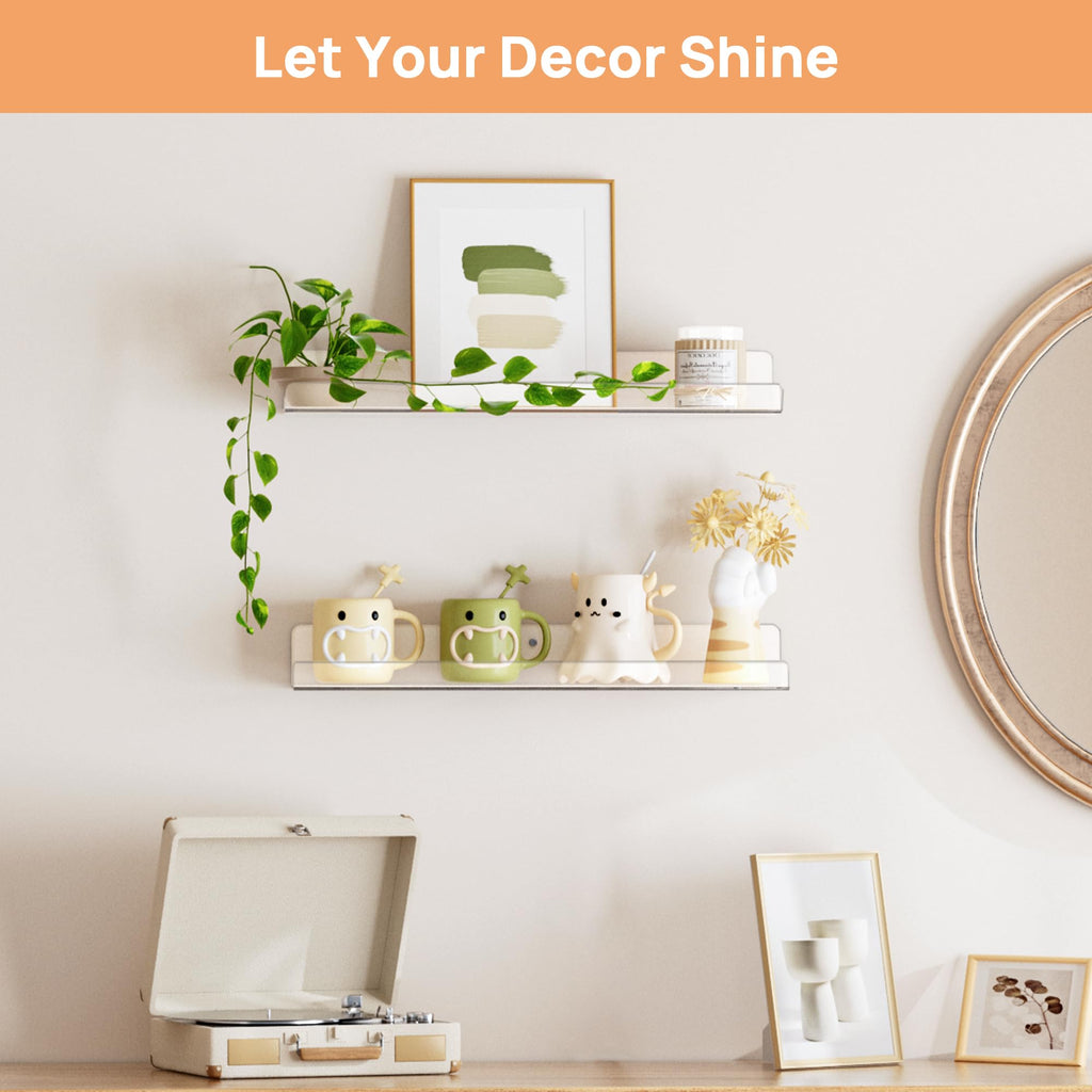 upsimples Acrylic Shelves for Bathroom Storage, 15" Floating Shelves Wall Organizer for Perfume, Make up, Skincare, Kids Bookshelf for Bedroom, Nursery, Living Room Decor, Clear, 4 Pack