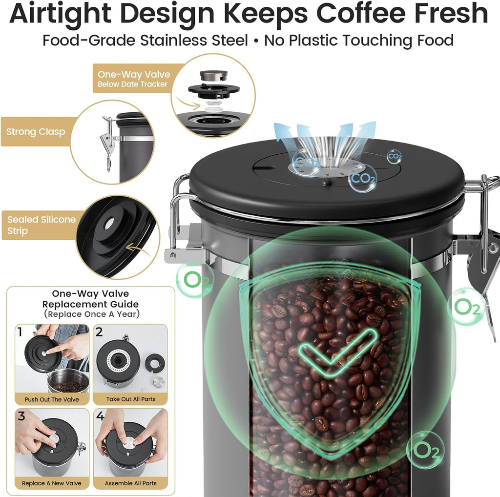 Veken Coffee Canister with Window,Airtight Stainless Steel Kitchen Food Storage Container, Date Tracker & Scoop for Grounds Coffee, Beans, Tea,Flour,Cereal,Sugar,22OZ,Copper